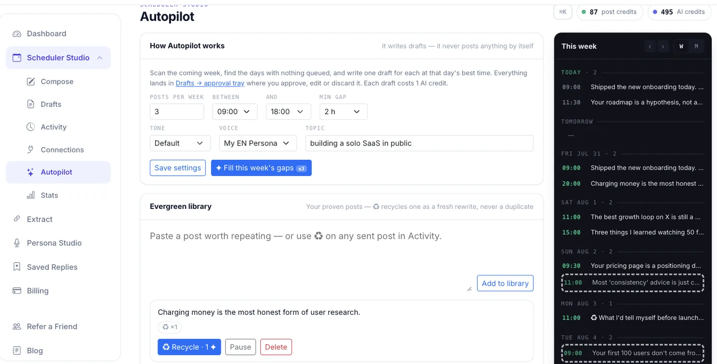 Autopilot settings: posts per week, posting window, tone, voice and topic