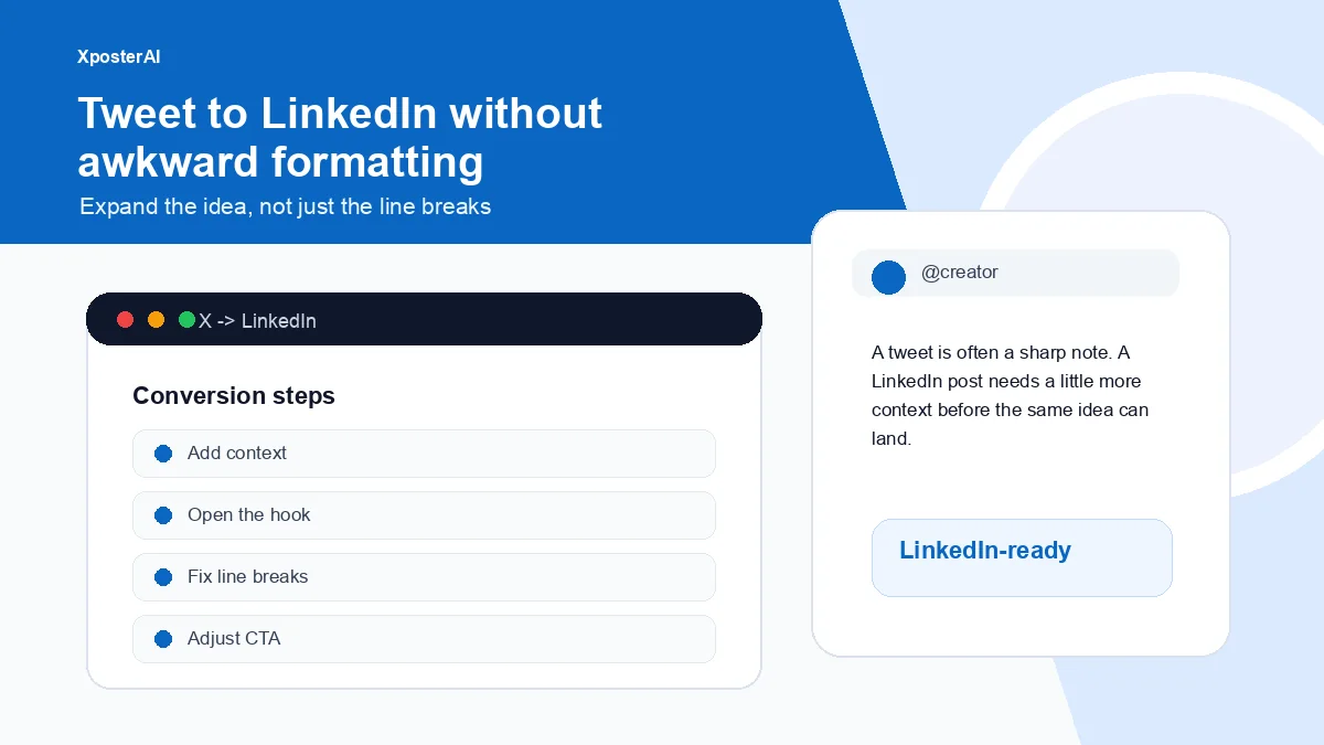 Cover image for How to turn one good tweet into a LinkedIn post without making it awkward