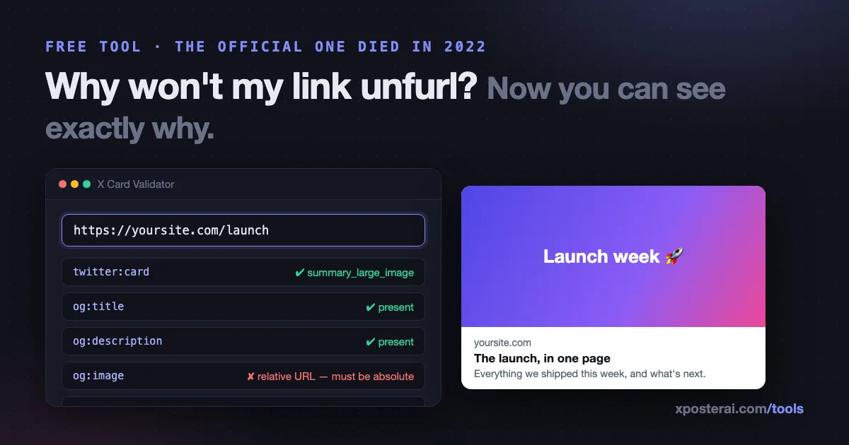 Cover image for X killed the Twitter card validator. Here's the free replacement (and how cards actually work)