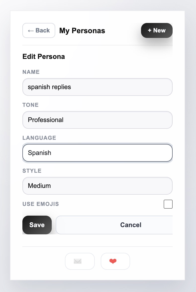 XposterAI persona editor showing tone, language, style, and emoji settings