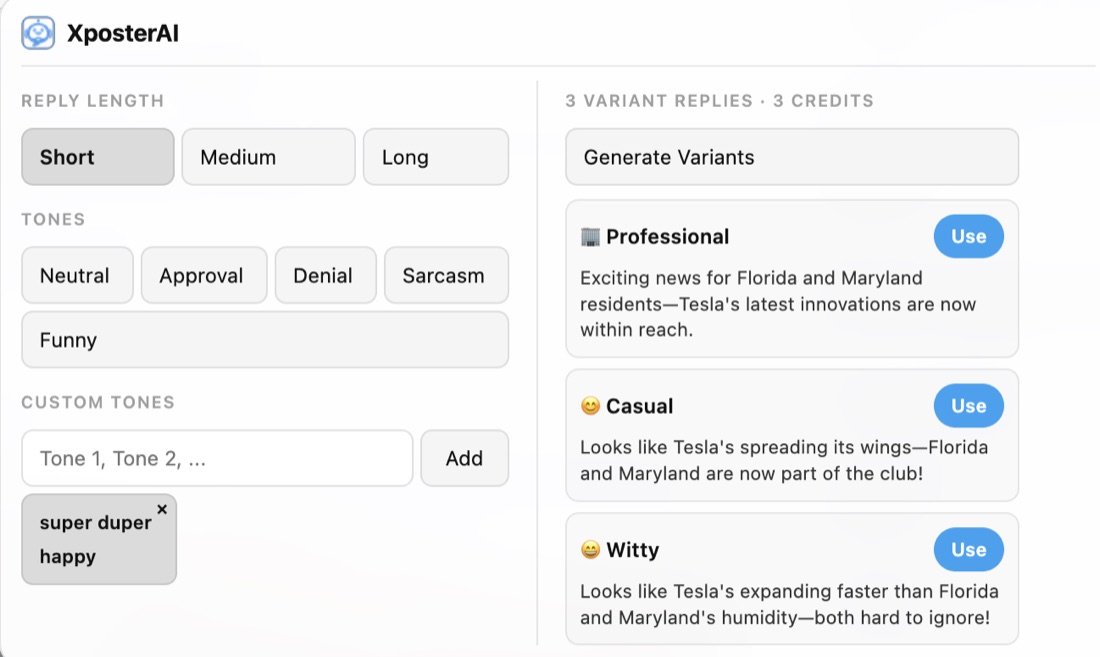 XposterAI reply variants showing professional, casual, and witty reply options
